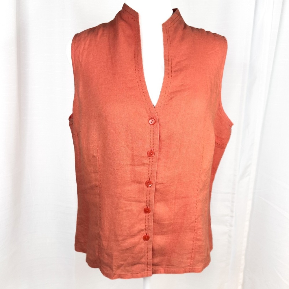 Talbots Petites Irish Linen Sleeveless Button Front Top Womens 14P Coral